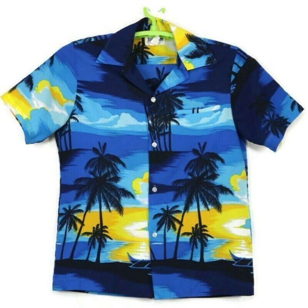 Vintage Rai Nani Hawaiian Camp Shirt Blue Yellow Palms Aloha S Small‎